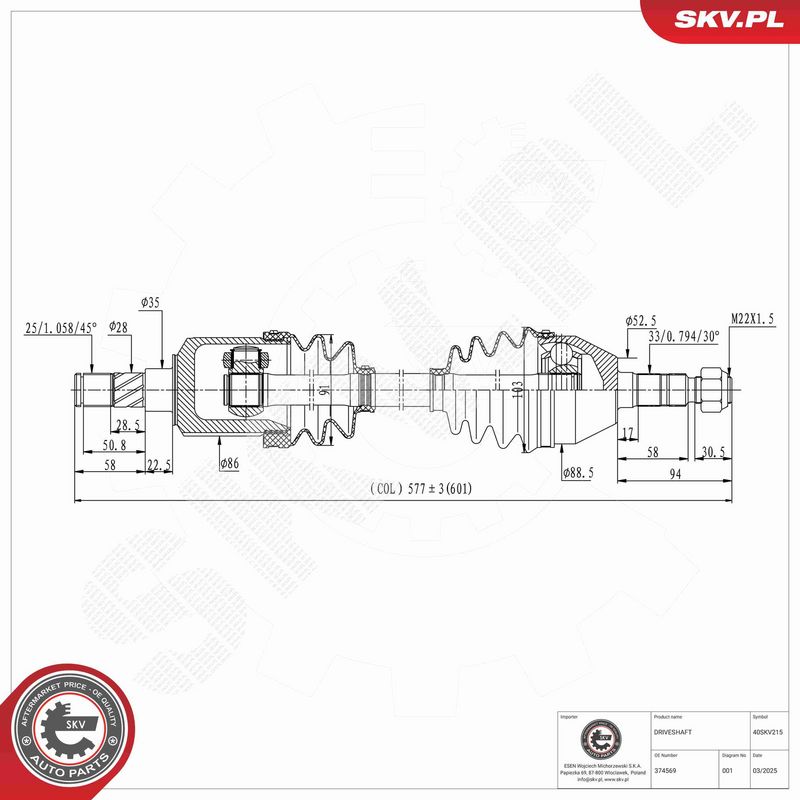 ESEN SKV 40SKV215 Drive Shaft