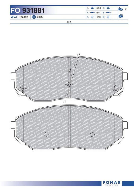Комплект гальмівних накладок, дискове гальмо, Fomar 931881