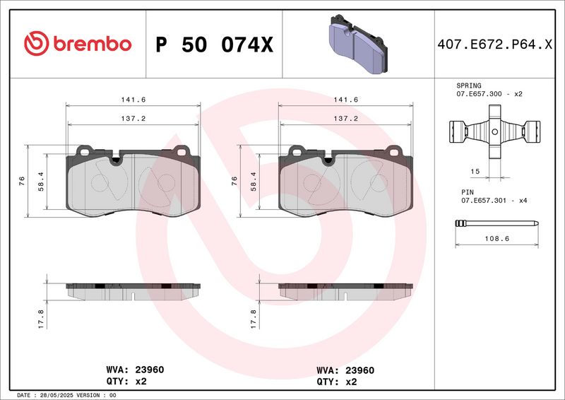 Piduriklotsi komplekt, ketaspidur, BREMBO P 50 074X