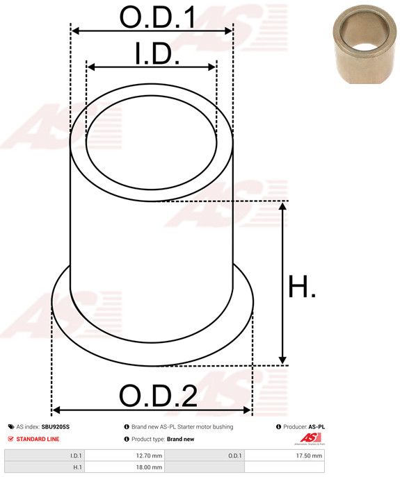 AS-PL SBU9205S Bush, starter shaft
