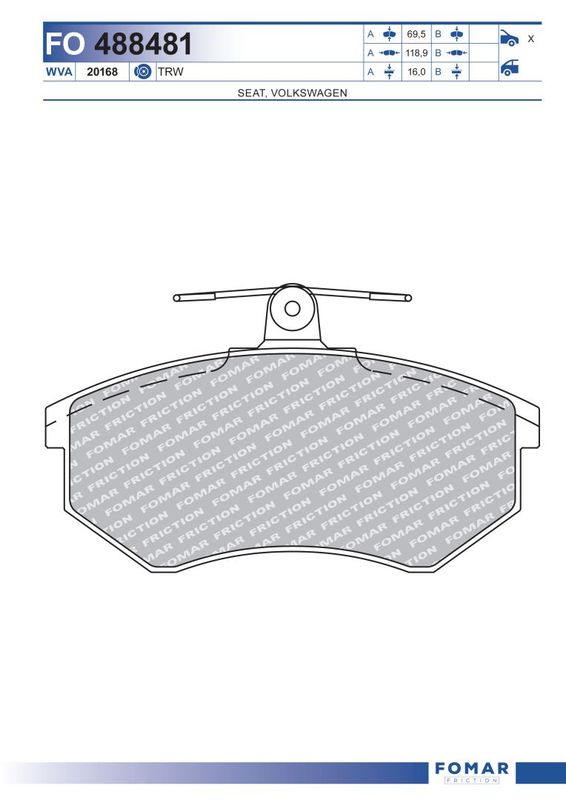 Комплект гальмівних накладок, дискове гальмо, передня вісь, гальмівна система TRW, Fomar 488481