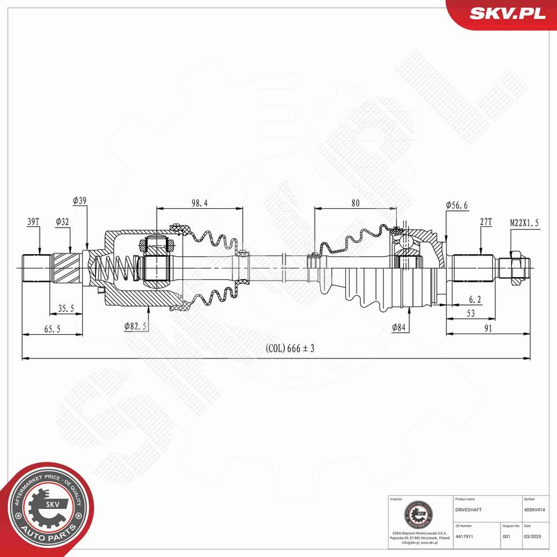 ESEN SKV 40SKV414 Drive Shaft