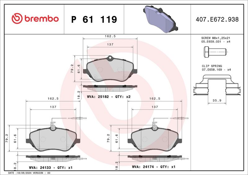 Piduriklotsi komplekt, ketaspidur, BREMBO P 61 119