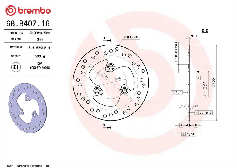 Brake disc Achter/Voor vast, 190/58x3,5mm 3x80mm, diameter bevestigingsgat 10,5mm, hoogte (tussenruimte) 0 past: BENELLI 491 100/100 (Bali EX)/100 (Nitro)/125 (Geo)/125 (SBC)/125ABS/150/150 (SBC)/150A