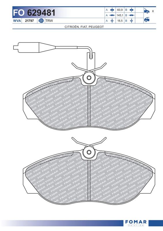 Комплект гальмівних накладок, дискове гальмо, передня вісь, гальмівна система TRW, Fomar 629481