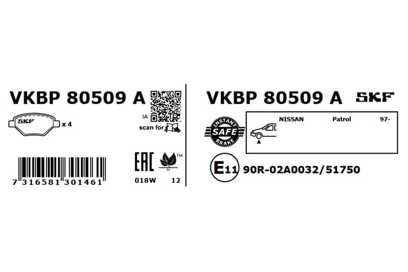 Комплект гальмівних накладок, дискове гальмо, Skf VKBP80509A