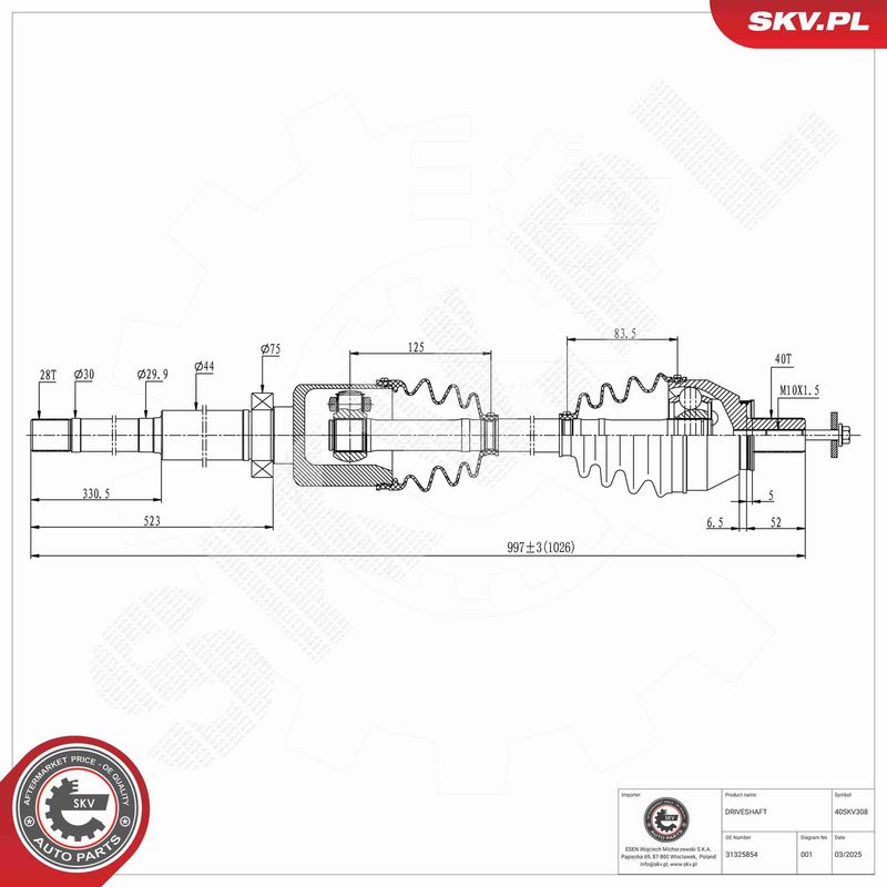 ESEN SKV 40SKV308 Drive Shaft