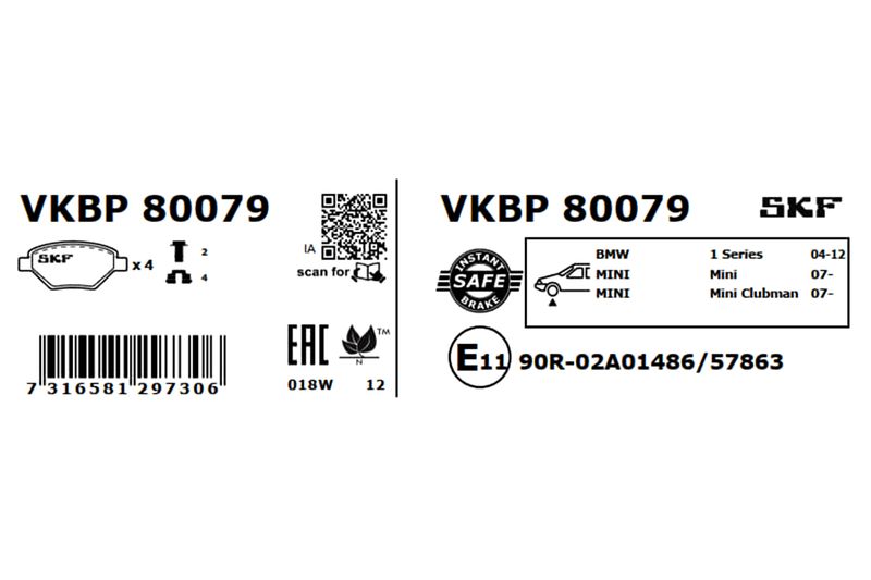 Комплект гальмівних накладок, дискове гальмо, Skf VKBP80079