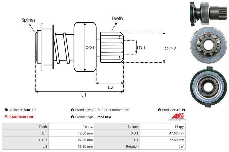 AS-PL SD0110 Freewheel Gear, starter