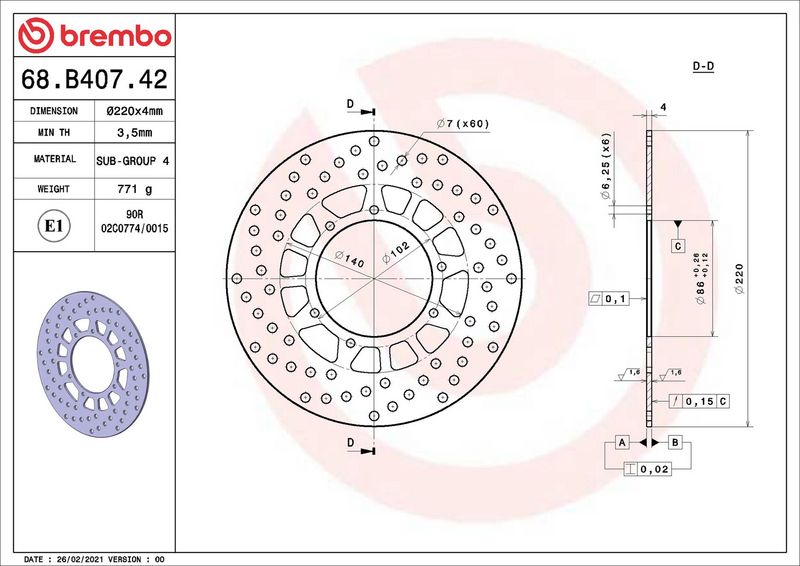 Brake disc Achter vast, 220/86x4mm 6x102mm, diameter bevestigingsgat 6,25mm, hoogte (tussenruimte) 0 past: YAMAHA XT, XTZ 600E/600Z (Tenere)/660 (Tenere) 1986-2003