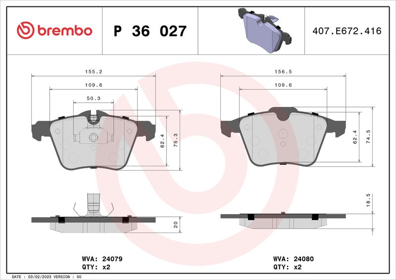 BREMBO fékbetétkészlet, tárcsafék P 36 027