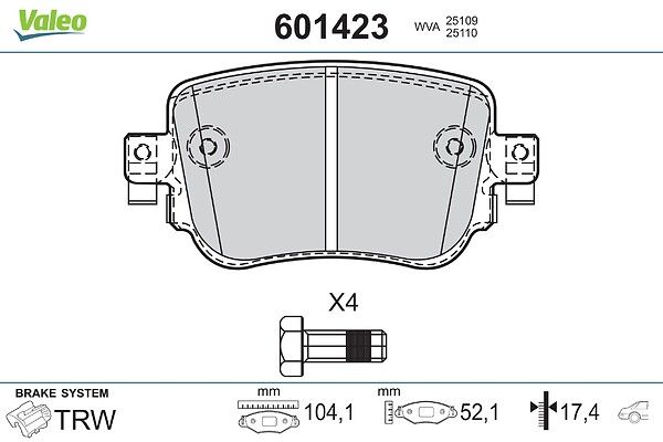 VALEO 601423 - Diskinių stabdžių kaladėlių komplektas
