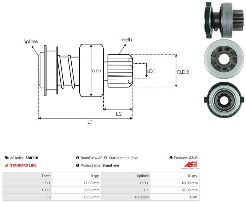 AS-PL SD0116 Freewheel Gear, starter