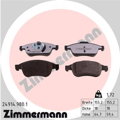 Комплект гальмівних накладок, дискове гальмо, Zimmermann 24914.980.1