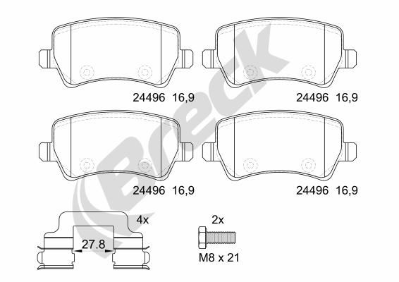 Комплект гальмівних накладок, дискове гальмо, Breck 244960070210