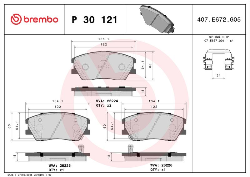 BREMBO P 30 121 Комплект гальмівних накладок, дискове гальмо