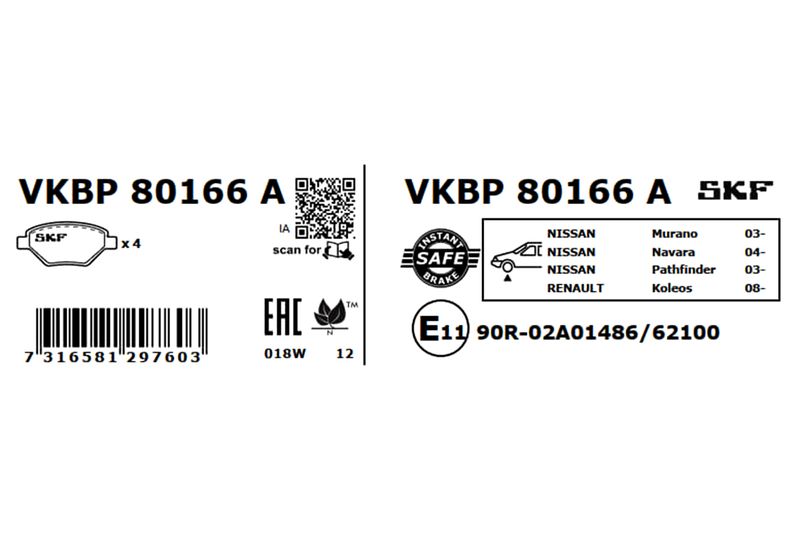 Комплект гальмівних накладок, дискове гальмо, Skf VKBP80166A