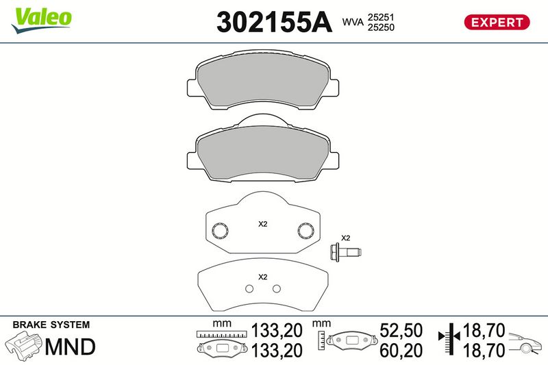 Sada brzdových destiček, kotoučová brzda 302155A