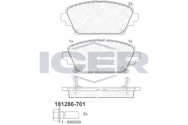 Комплект гальмівних накладок, дискове гальмо, Icer 181286701