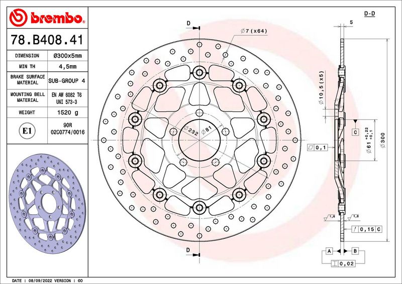 Brake disc Voor drijvend, 300/61x5mm 5x81mm, diameter bevestigingsgat 10,5mm, hoogte (tussenruimte) 0 past: KAWASAKI GPZ 1000/1100/1200 (Ninja)/1400 (Ninja)/550 (Zephyr)/600 (Ninja)/600D/600E/750/750S