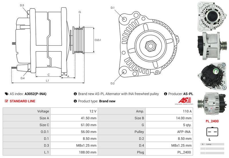 AS-PL A3052(P-INA) Alternator