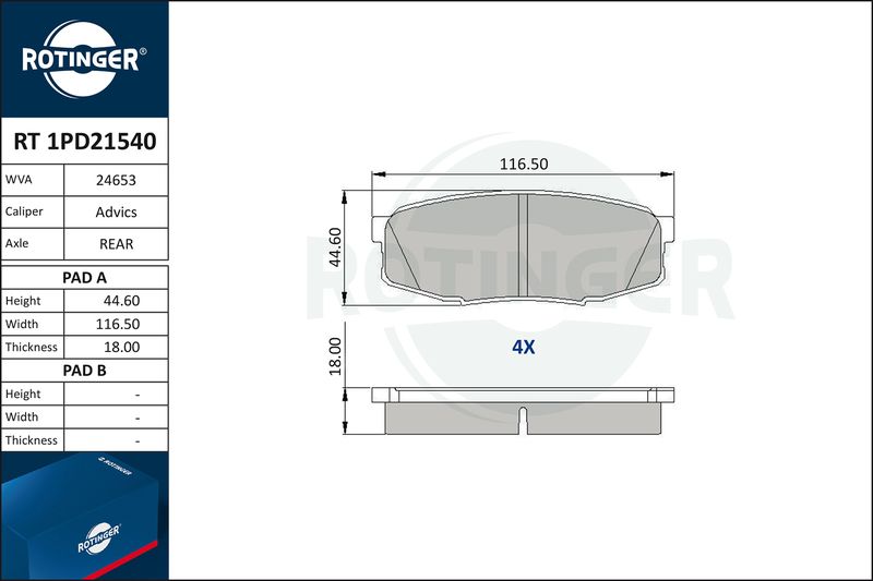 Комплект гальмівних накладок, дискове гальмо, Rotinger RT1PD21540