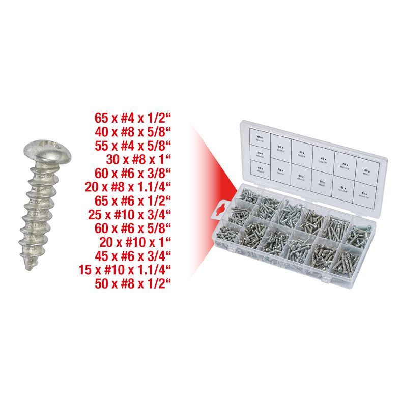 Sortimentslåda plåtskruvar, M4-M10, 550 delar