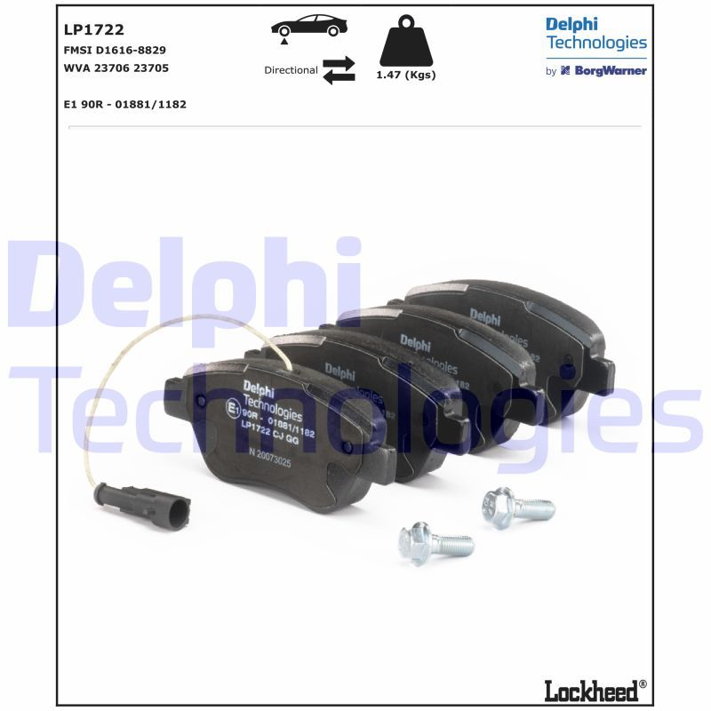 DELPHI LP1722 Колодки тормозные (передние) Fiat Doblo/Citroen Nemo/Peugeot Bipper 01- (Bosch) (+ датчик)