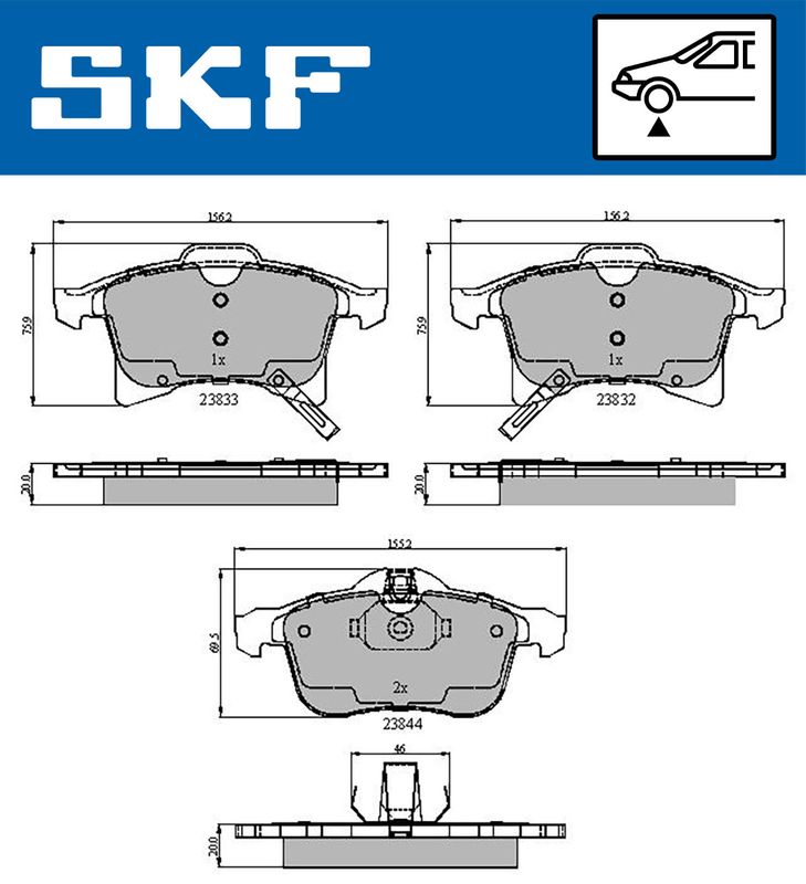 Комплект гальмівних накладок, дискове гальмо, Skf VKBP80043A