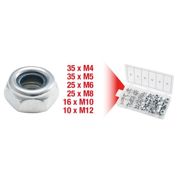 Sortimentslåda, låsmuttrar, M4-M12, 146 delar