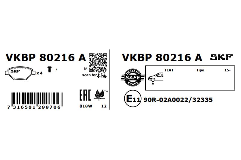 Комплект гальмівних накладок, дискове гальмо, Skf VKBP80216A