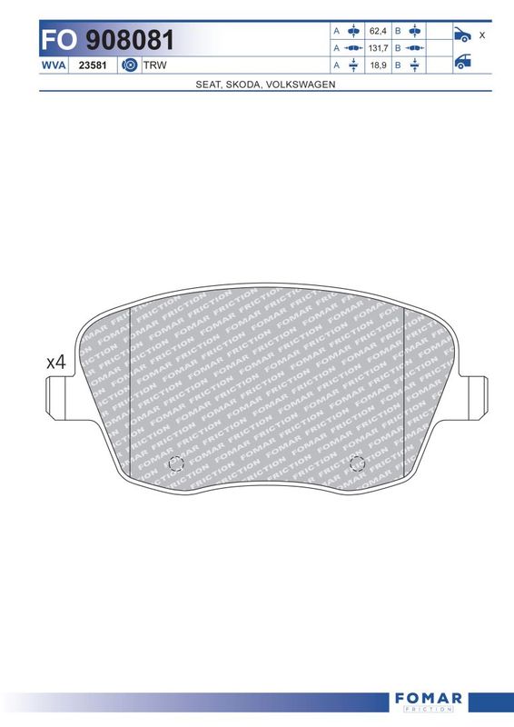 Комплект гальмівних накладок, дискове гальмо, Fomar 908081