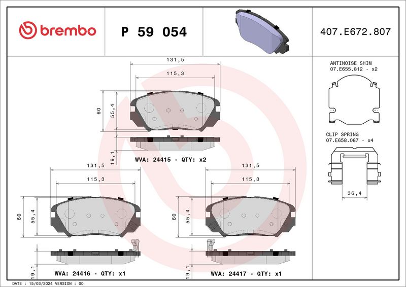 Piduriklotsi komplekt, ketaspidur, BREMBO P 59 054