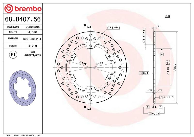 Brake disc Achter vast, 220/115x5mm 6x133mm, diameter bevestigingsgat 6,5mm, hoogte (tussenruimte) 0 past: YAMAHA DT, TDR, TT, WR, YZ 125/125R/250/400F/600E/600R/600RE 1985-2004