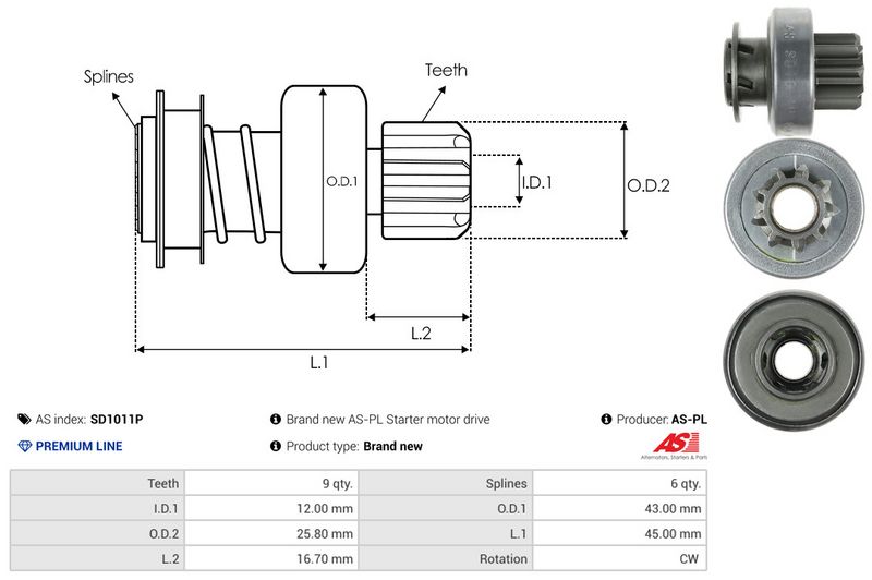 AS-PL SD1011P Freewheel Gear, starter