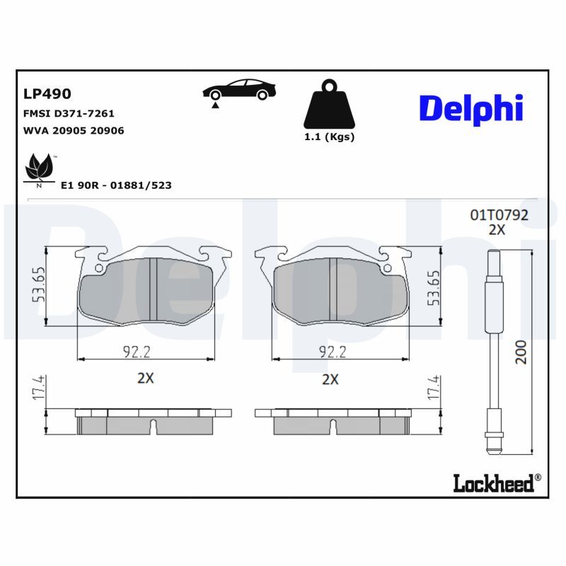 DELPHI LP490 Комплект гальмівних накладок, дискове гальмо