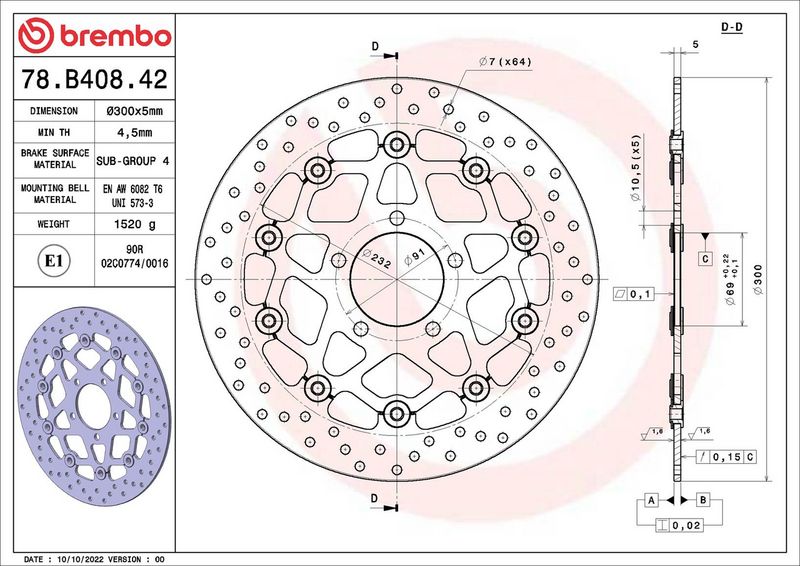 Brake disc Voor drijvend, 300/69x5mm 5x91mm, diameter bevestigingsgat 10,5mm, hoogte (tussenruimte) 0 past: SUZUKI GSX-R 1000/600/750 2003-2005