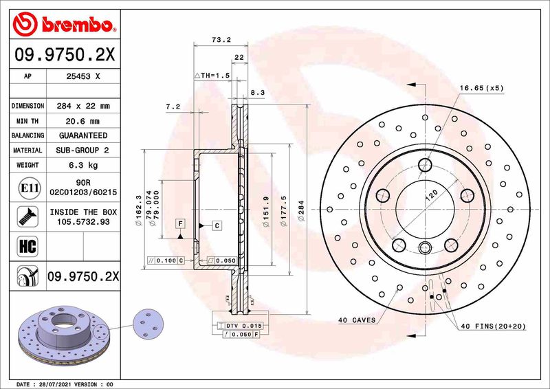 Гальмівний диск, Brembo 09.9750.2X