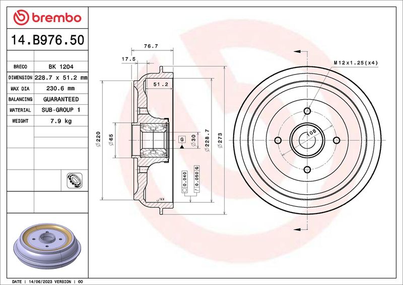 Гальмівний барабан, Brembo 14.B976.50