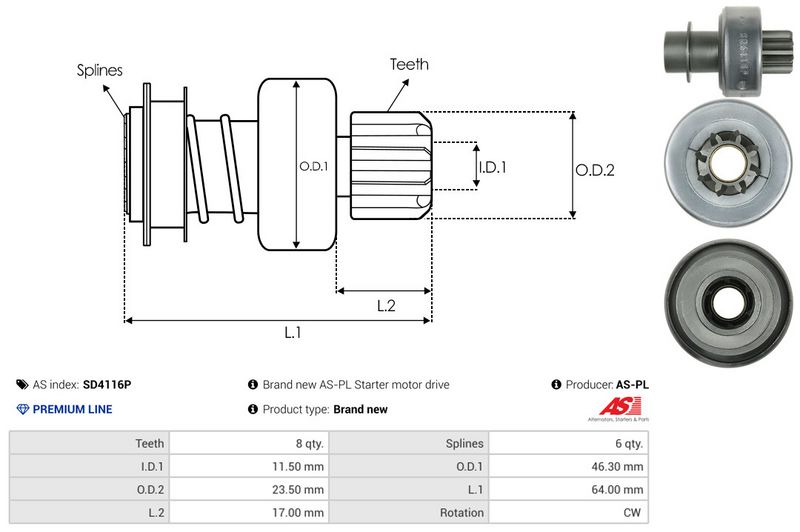 AS-PL SD4116P Freewheel Gear, starter