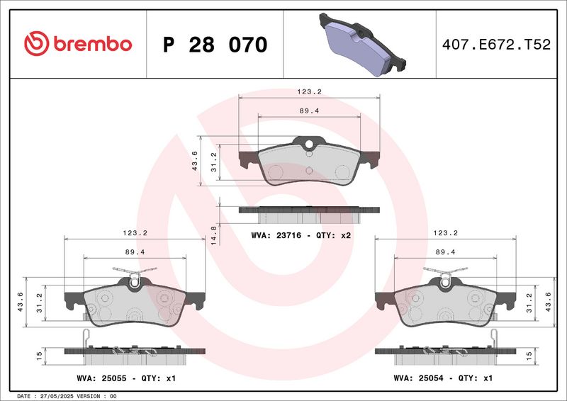 BREMBO P 28 070 Stabdžių trinkelių rinkinys, diskinis stabdys