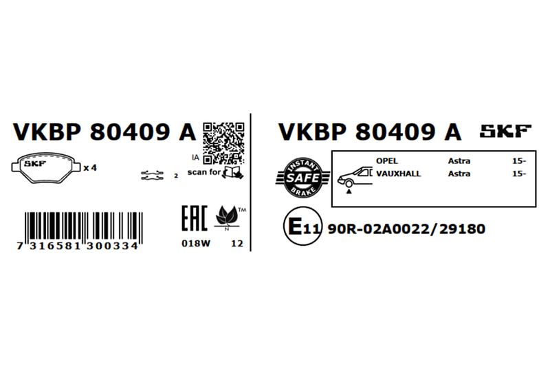 Комплект гальмівних накладок, дискове гальмо, Skf VKBP80409A