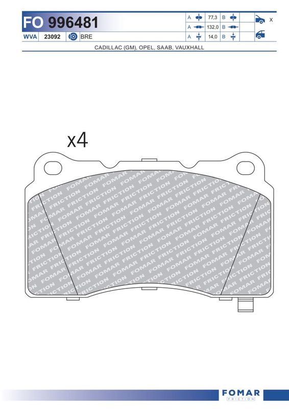Комплект гальмівних накладок, дискове гальмо, Fomar 996481