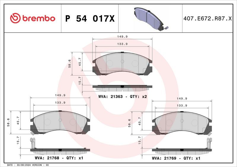 Piduriklotsi komplekt, ketaspidur, BREMBO P 54 017X