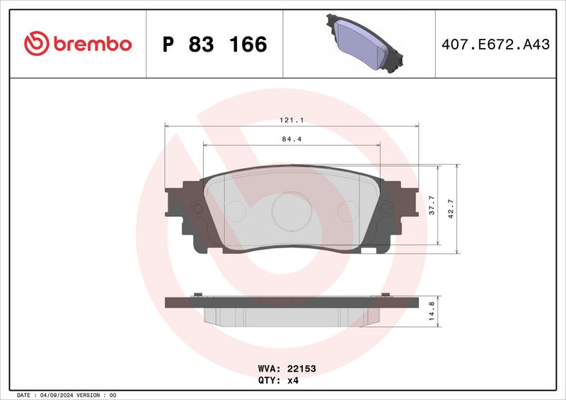P83166 BREMBO Комплект гальмівних колодок з 4 шт. дисків - Фото 3