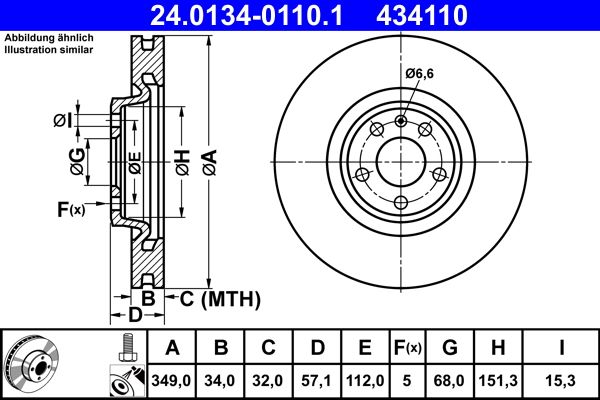 Гальмівний диск, з вентиляцією, 349,0мм, кількість отворів 5, Ate 24.0134-0110.1