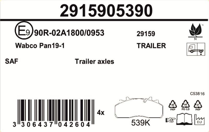 Sada brzdových destiček, kotoučová brzda 2915905390