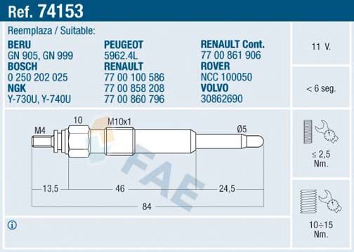 Свічка розжарювання, Fae 74153