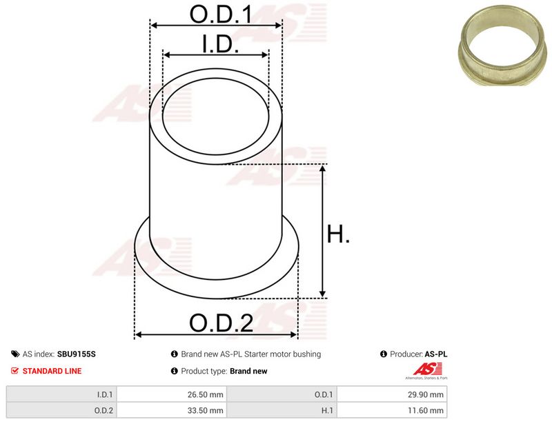 AS-PL SBU9155S Bush, starter shaft