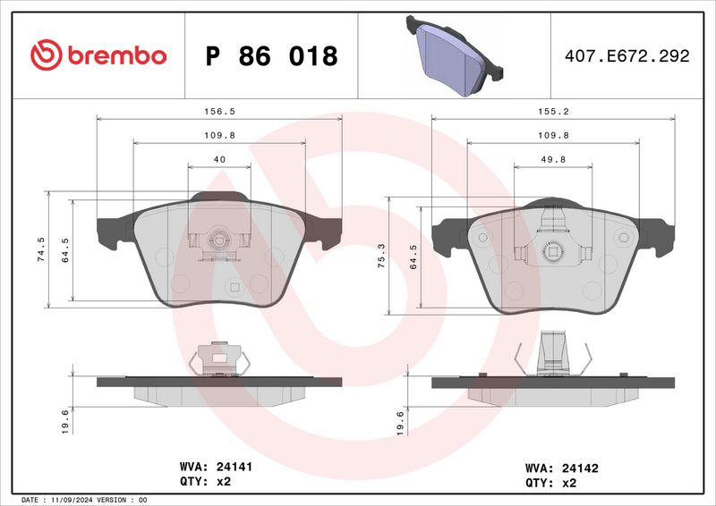 Piduriklotsi komplekt, ketaspidur, BREMBO P 86 018